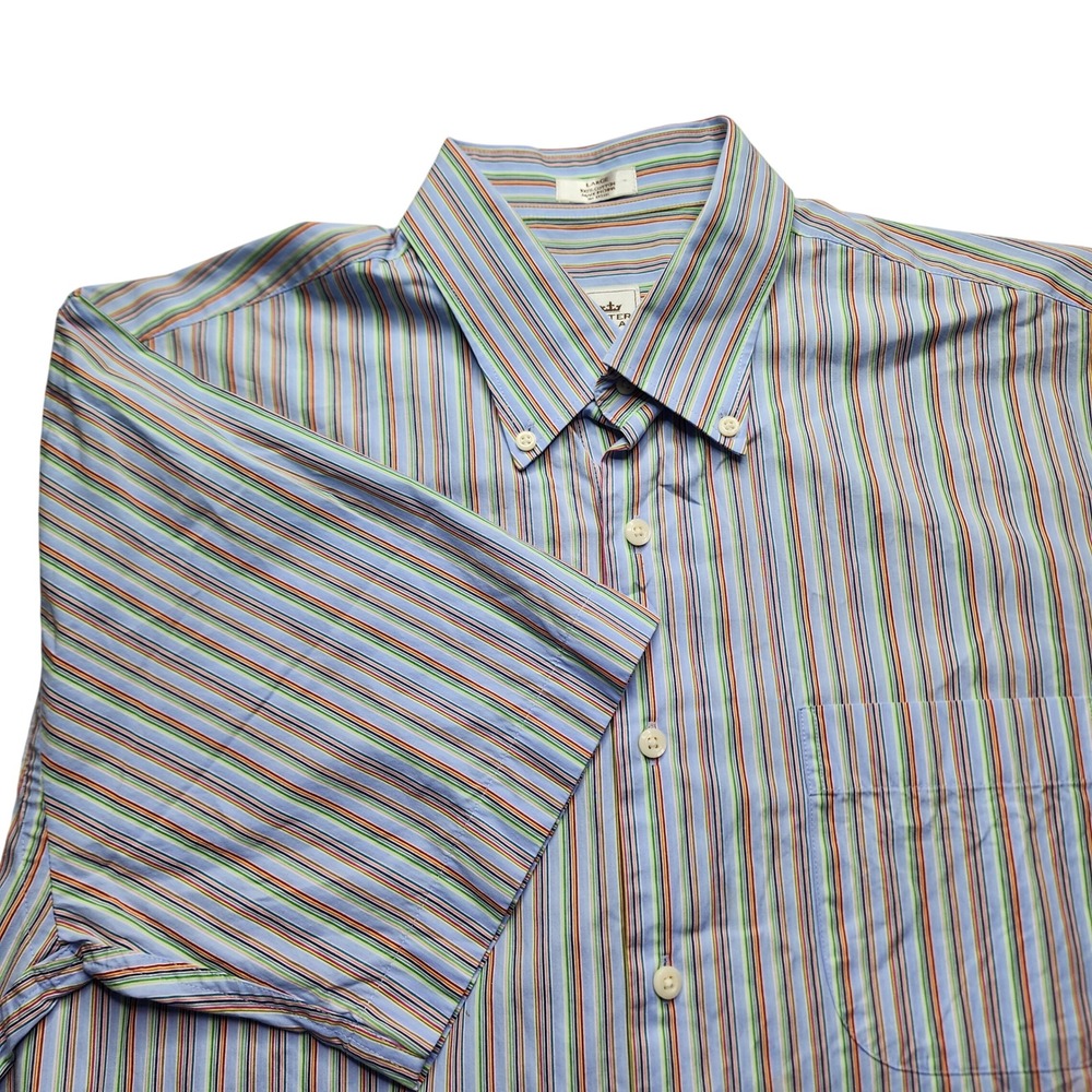 Peter Millar Men Large Short Sleeve Button Down Shirt Multi Stripe Cotton Casual